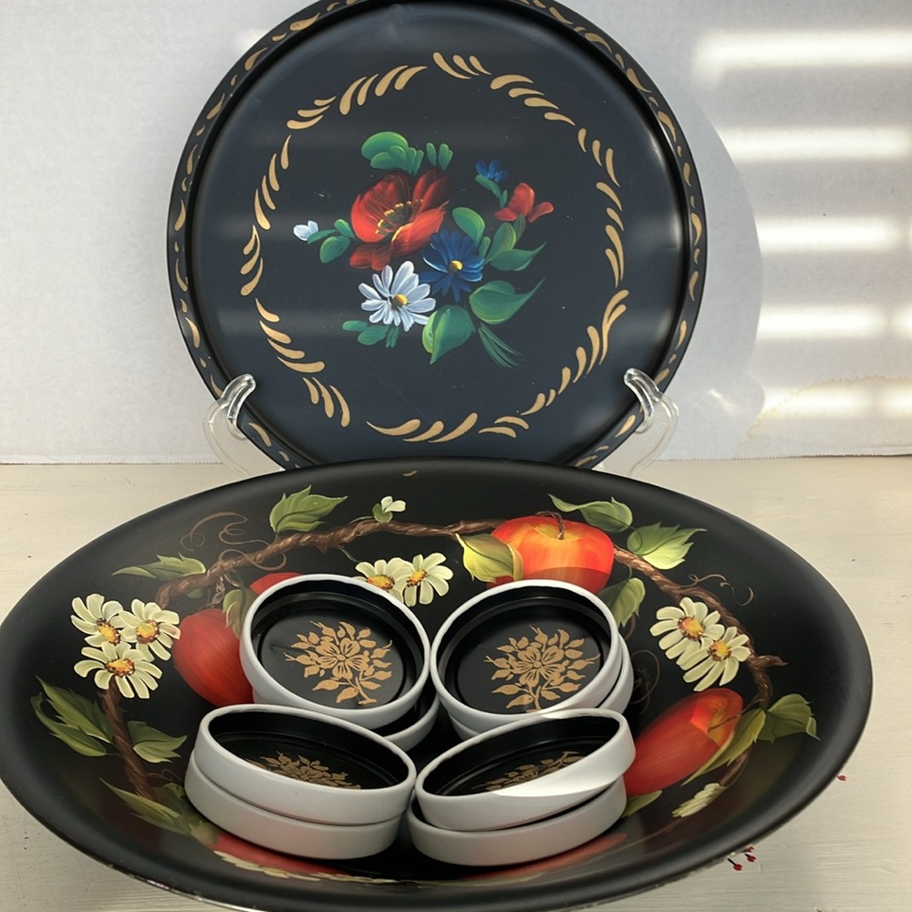 Bundle Of Hand Painted TOLE Tray, Bowl & 8 Coasters